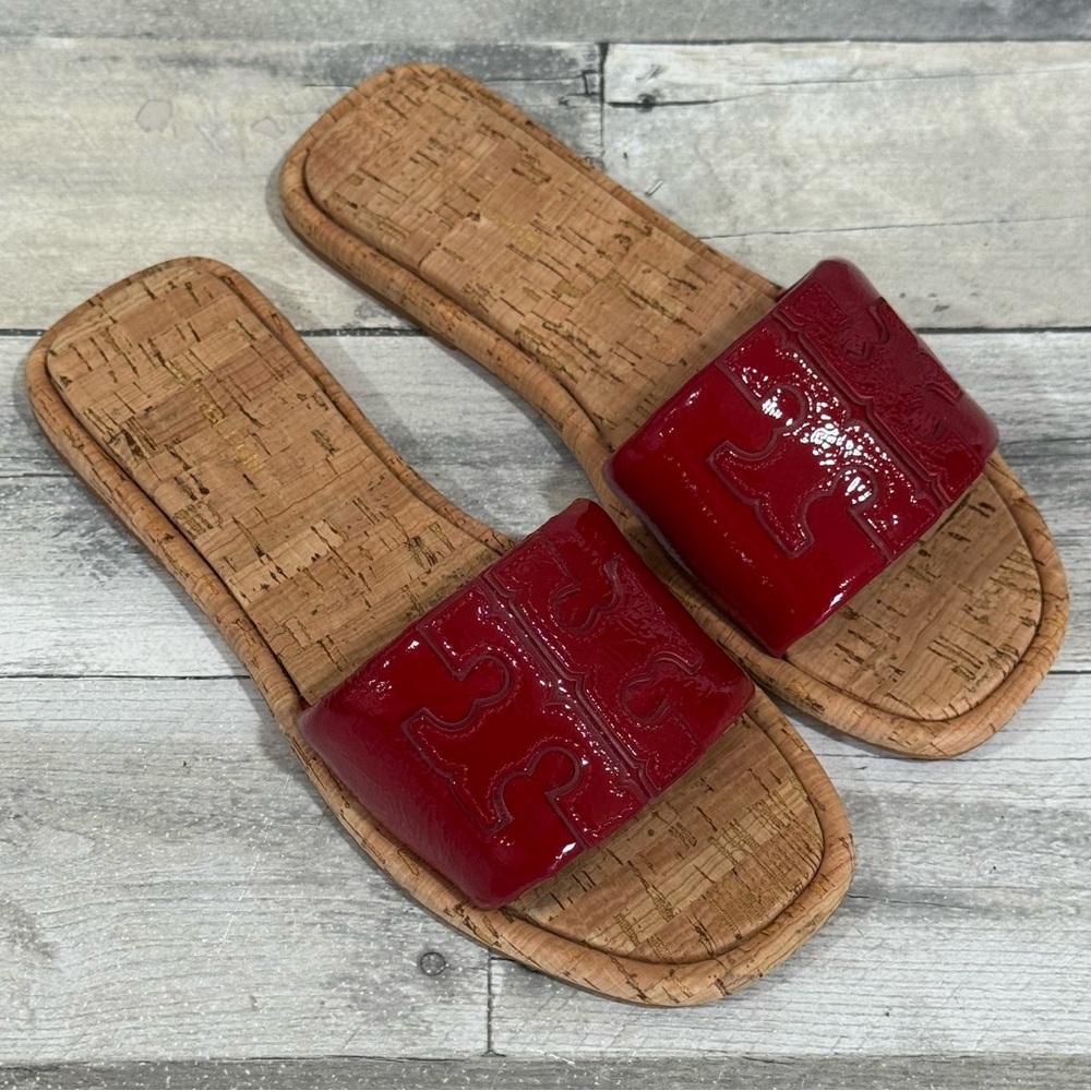 TORY BURCH Double T Sport Slide Cork Sandals in Red - Size - 6.5